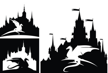 Naklejka premium mythical dragon by the medieval castle outline - fairy tale scene design black and white vector silhouette set