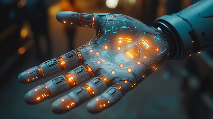 A hand with glowing, metallic fingers is shown in a dark room. The hand is surrounded by a glowing blue and green background. Concept of futuristic technology and advanced robotics