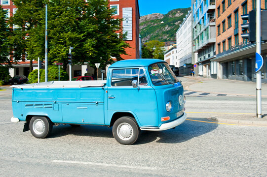 BERGEN, NORWAY - JULY 15, 2018: Blue Volkswagen T2 Bay dropside pick up in Bergen