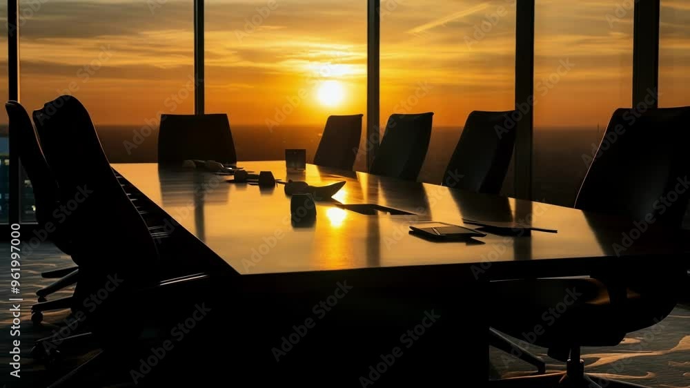 Poster large empty boardroom with the setting sun reflecting on the table and chairs, conveying a sense of 