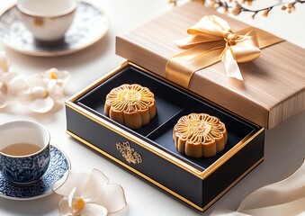 Elegant mooncakes in a gift box, perfect for celebrations, paired with tea and delicate flowers for a festive atmosphere.