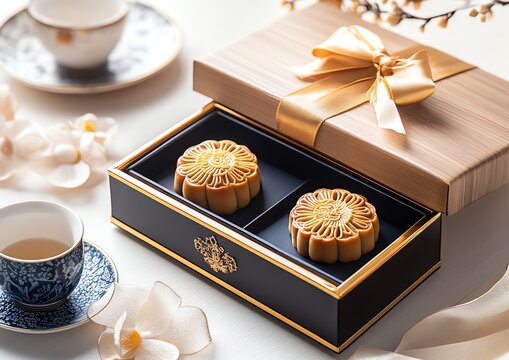 Elegant mooncakes in a gift box, perfect for celebrations, paired with tea and delicate flowers for a festive atmosphere.