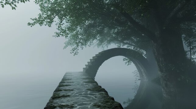 A stone bridge emerges from the mist, leading to a mysterious archway partially obscured by fog. The eerie, quiet atmosphere suggests a sense of solitude and enigma, perfect for themes of mystery