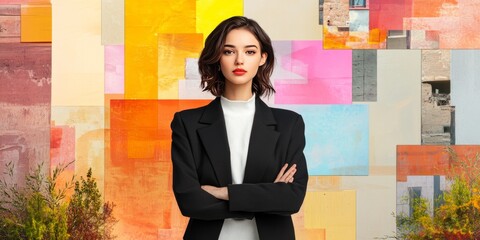 Confident Professional Woman: A young brunette businesswoman exudes confidence, arms crossed, against a vibrant, abstract urban backdrop.