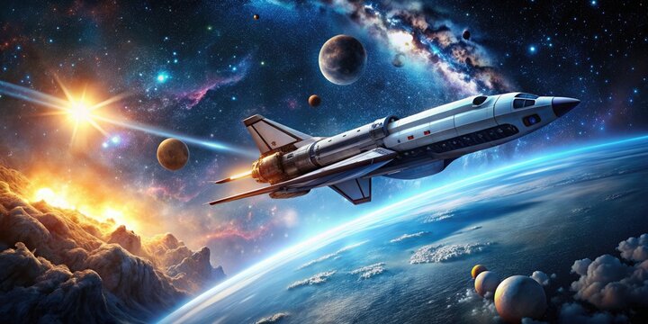 Spaceship flying through outer space with stars in the background, Spaceship, flying, outer space, stars