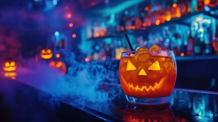 Spooky Halloween neon bar with jack-o-lantern cup filled with vibrant pumpkin cocktail eerie ambiance