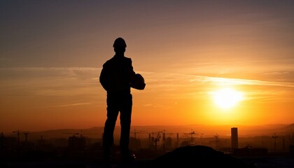 Fototapeta premium Silhouette of a construction worker against a sunset backdrop.