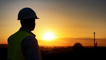 Silhouette of a construction worker against a sunset backdrop.