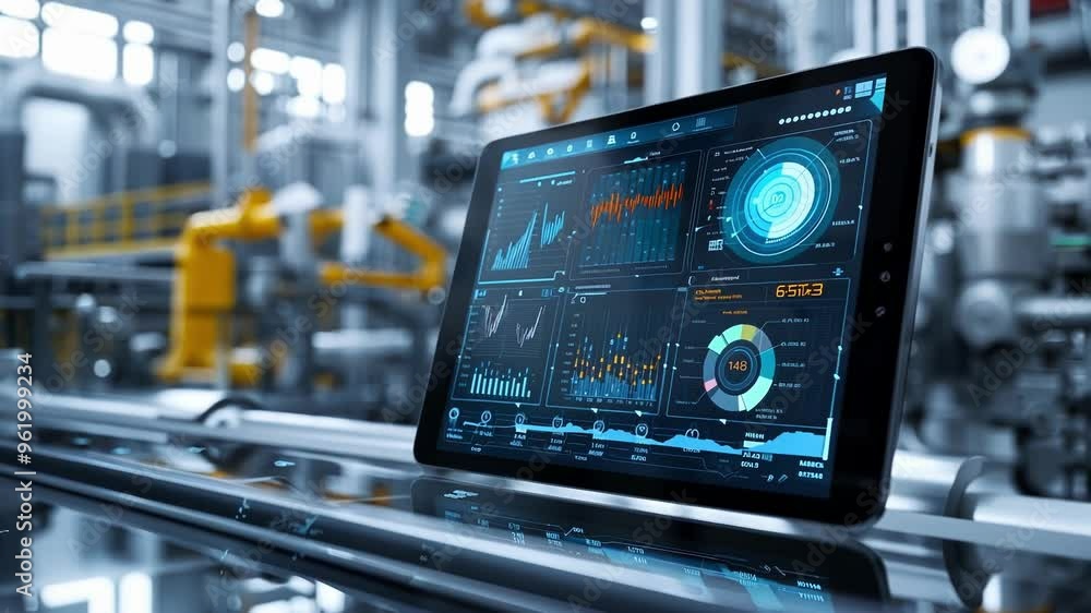 Poster digital tablet is displaying various production metrics and data, showcasing the power of automation