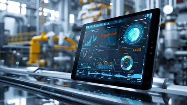 Digital tablet is displaying various production metrics and data, showcasing the power of automation and smart technology in modern manufacturing
