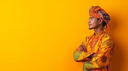 Obraz premium Smiling man in traditional dress, holding fan and flower, showcasing timeless beauty and cultural style