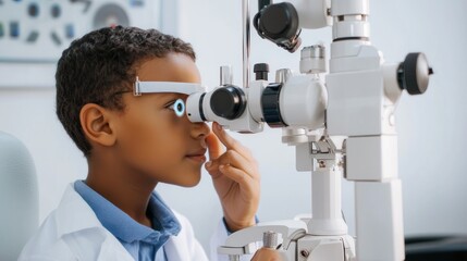 Crop doctor checking eyesight of boy