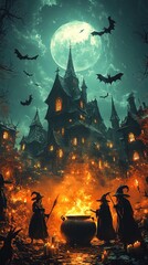 Halloween night background. The witch is brewing a potion in a cauldron on the background of a full moon over the castle