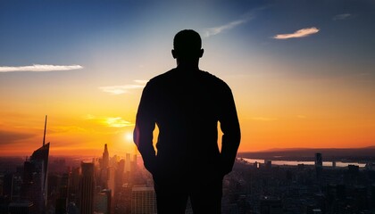 Silhouette of a person standing in front of a city skyline at sunset.