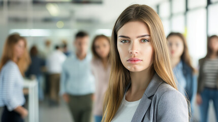 Fototapeta premium A sad, unhappy depressed businesswoman standing office and a blurred group of employees looking, laughing at her. bullying workplace, management conflict, gossiping, Gender Inequality concepts.