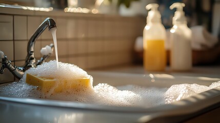  Soapy sponge under running water in bright kitchen sink, symbolizing daily cleaning routines and focus on home hygiene and cleanliness.