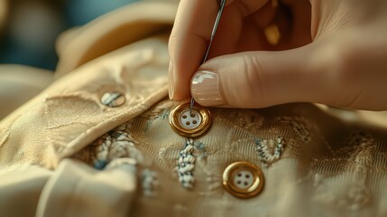 Obraz premium Close-up of hand sewing a button onto fabric, reflecting attention to detail and care in a relaxing craft.