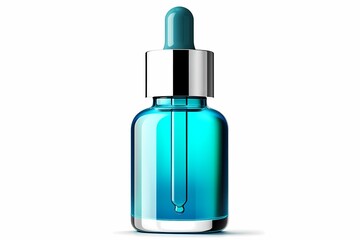 Fototapeta premium Close-up of a blue glass dropper bottle for beauty serum, essential oil, or skincare product on white background.