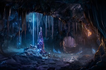 A cave with glowing stalactites