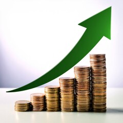 Stacks of Coins Representing Financial Growth and Success in Ecommerce Business with Rising Green Arrow