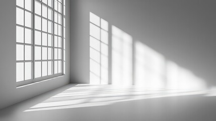  Sunlight streams through large grid windows, casting long, soft shadows across the white minimalist interior, creating a peaceful and serene atmosphere.