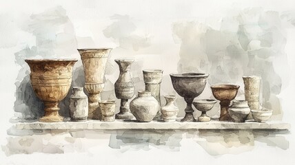 A collection of ancient pottery showcased in a watercolor style, highlighting intricate designs and historical significance.