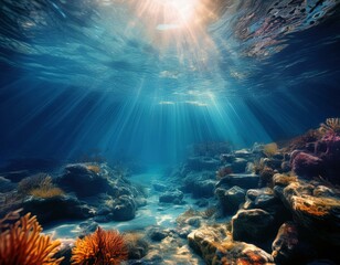 Fototapeta premium Sunbeams pierce the deep blue water, illuminating the rocky seabed. Photographic image of the underwater world.