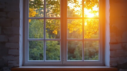  Golden sunset light filtering through window panes, revealing vibrant green trees outside. A peaceful, natural view to enjoy indoors.