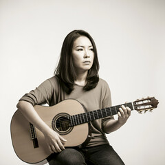 Guitarist with sad expression Failed guitar lessons female guitarist unmotivated frustrated person