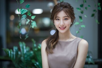 Obraz premium Woman smiling. Portrait of a young woman smiling, wearing a beige dress, with a green plant background.