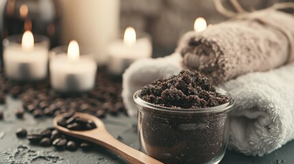 Coffee scrub in a glass jar with coffee beans on a wooden spoon, spa setting with candles and a towel. Wellness and natural skincare concept