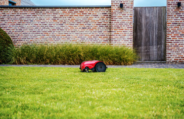 Automatic robot lawn mower cutting grass in the garden