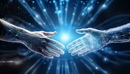 Two glowing hands reach out to shake, forming a digital connection. The concept represents collaboration, partnership, or connection in the digital age.