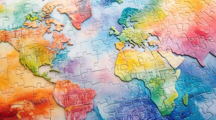 Global Currency Puzzle: Vibrant Watercolor Earth Symbolizing Economy
