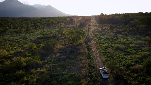 a white campervan passes through the middle of the grassland with mountains and sea in the background, baluran national park east java, indonesia