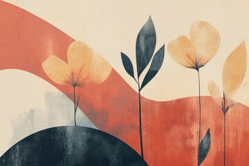 Abstract Floral Illustration with Red, Blue, and Yellow Hues