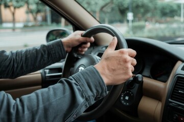 Driver hands steering wheel. Close-up shot of a driver's hands gripping the steering wheel of a car. Focus on control, safety, and the journey ahead.