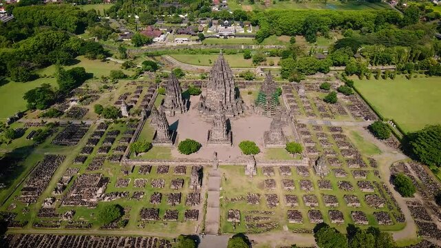 drone view of Prambanan temple,1 large and tall main temple building, with smaller temples around it, 9th-century Hindu temple compound in the Special Region of Yogyakarta, in southern Java, Indonesia
