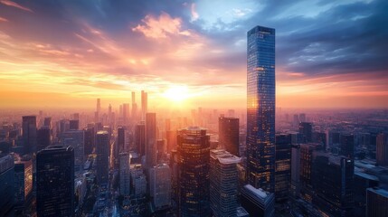 Fototapeta premium A city skyline at dusk, with skyscrapers illuminated by the setting sun, casting lens flares across the urban landscape