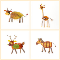 four different autumn nature craft for kids, various animals made of leaf, top view, activity for children, DIY, fall project,