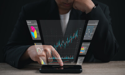 Hands typing on mobile as vibrant digital charts and graphs illuminate the screen, emphasizing advanced data analysis and precise business performance tracking, driving informed decisions and success.