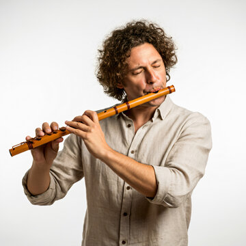 Male flutiste playing flute player focused mind