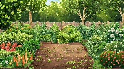 Obraz premium Lush Vegetable Garden with Wooden Fence and Bright Sunlight
