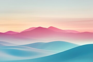 Abstract Landscape with Pink Mountains and Blue Hills in Fog