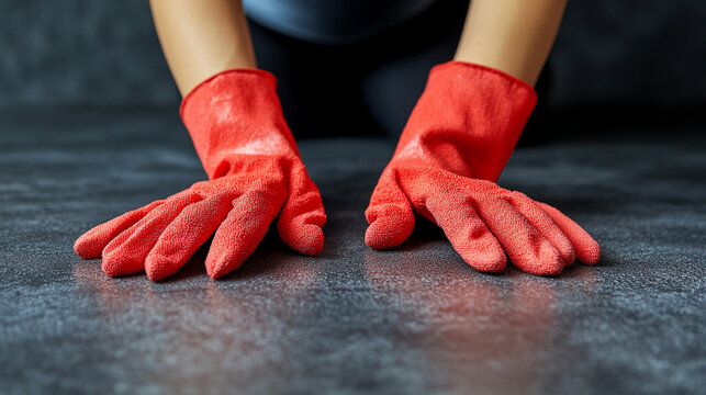Close-up of a female cleaner's gloved hands in action, symbolizing hard work, cleanliness, and diligence. The image highlights the dedication and care involved in maintaining cleanliness and order