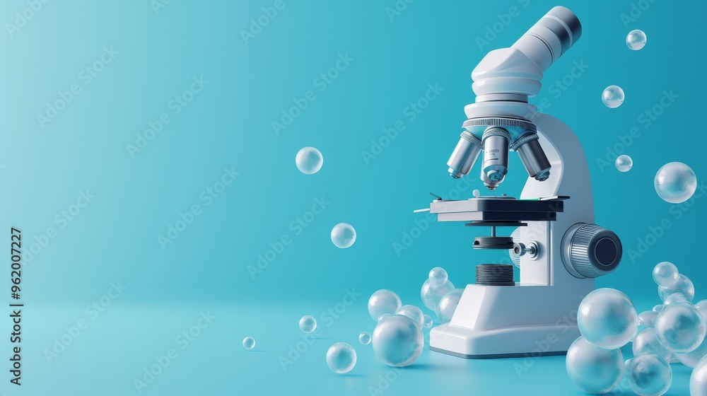 Poster a high-quality image of a modern microscope set against a teal background, surrounded by floating bu