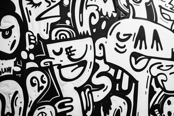 Abstract black and white graffiti art featuring playful faces and expressions on a textured surface