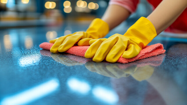 Close-up of a female cleaner's gloved hands in action, symbolizing hard work, cleanliness, and diligence. The image highlights the dedication and care involved in maintaining cleanliness and order