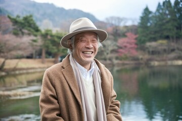 Fototapeta premium Happy man nature. Elderly man in a hat, smiling warmly, stands by a lake in nature. He enjoys the beauty and tranquility of his surroundings.