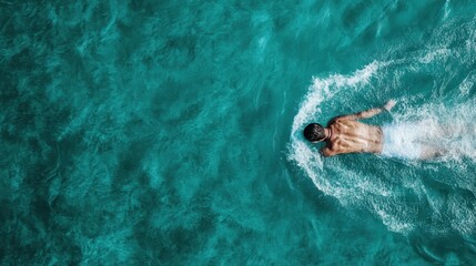 This image shows a person swimming in a clear and calm turquoise blue ocean, captured mid-stroke, showcasing the beauty of aquatic activity and the refreshing nature of open water swim.